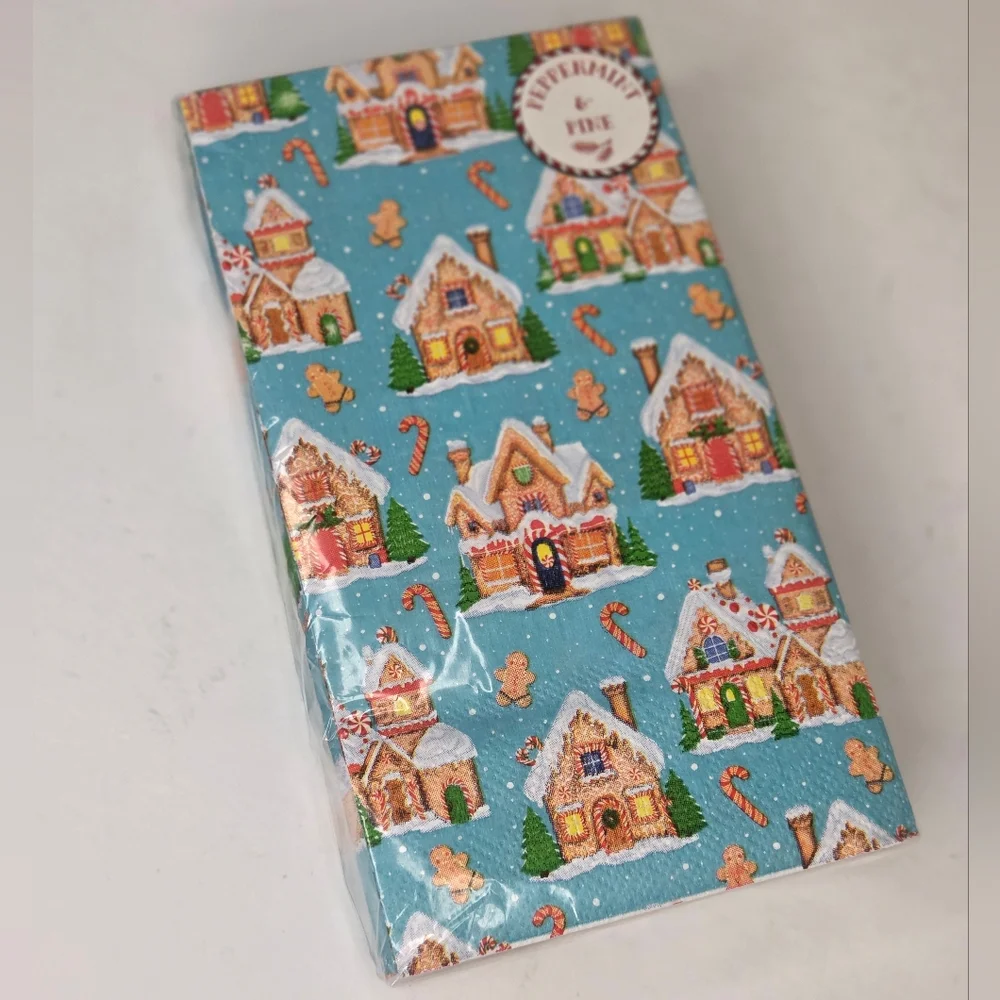Peppermint Gingerbread Village Blue Christmas Napkin Set